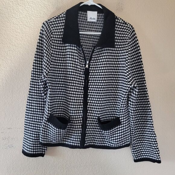 Allude Womens Cashmere Wool Full Zip Sweater Jacket Sz Large Houndstooth Pockets - Picture 1 of 6